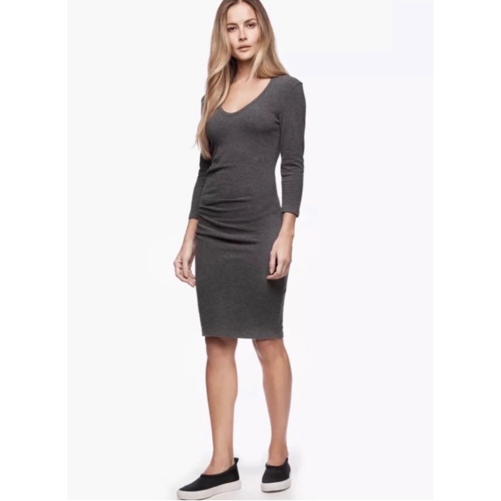 Standard James Perse Ruched Side V-Neck Midi Dress Charcoal Grey Size 3 L